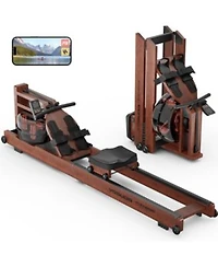 Fed Fitness Pro Wood Water Rowing Machine Upgraded Ergonomic Frame 400 Lbs Weight Capacity Foldable Large Leak Proof Tank Bluetooth App