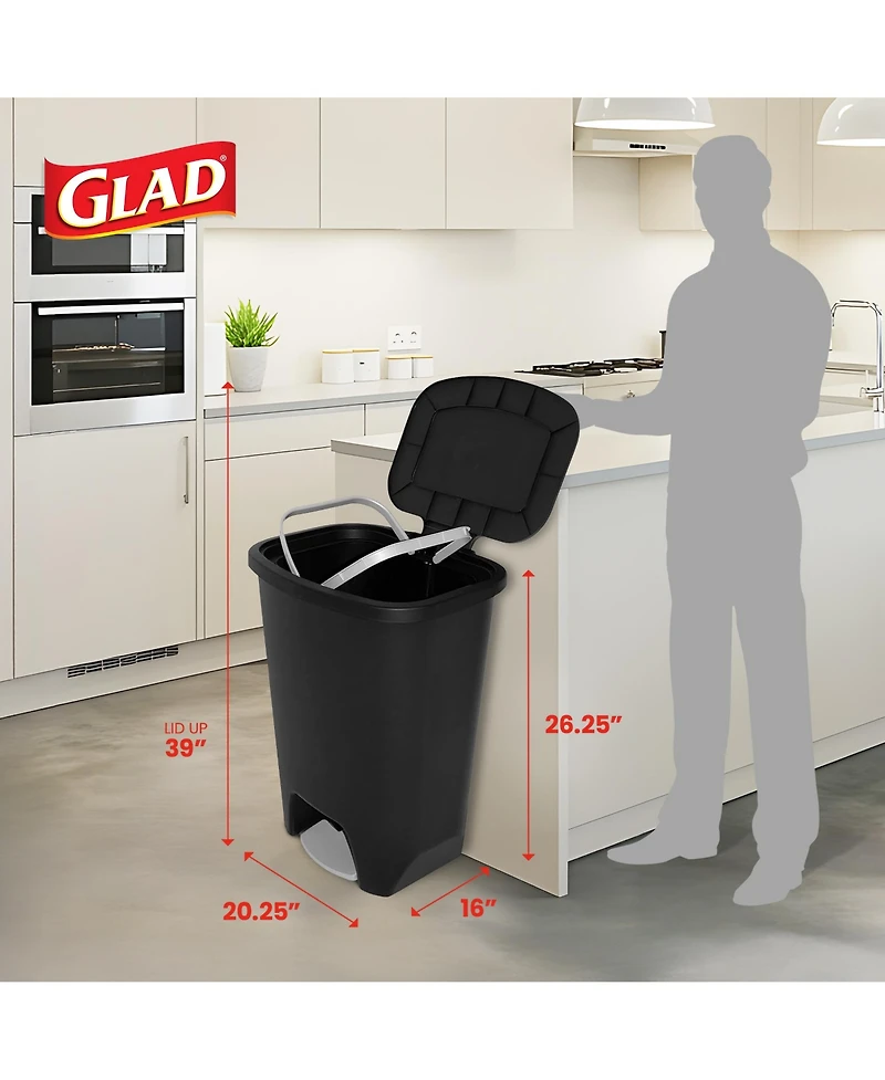 Glad Kitchen Trash Can with Lid, Foot Pedal and Garbage Bag Rings, 20 Gallon