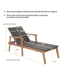 2PCS Patio Rattan Chaise Lounge Chair Recliner Back Adjustable Acacia Wood