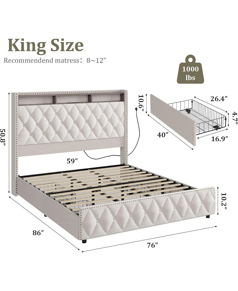 gaomon Bed Frame with 50.8 Inch Tall Headboard, Platform Leather Upholstered 4 Storage Drawers, Usb Charging Station
