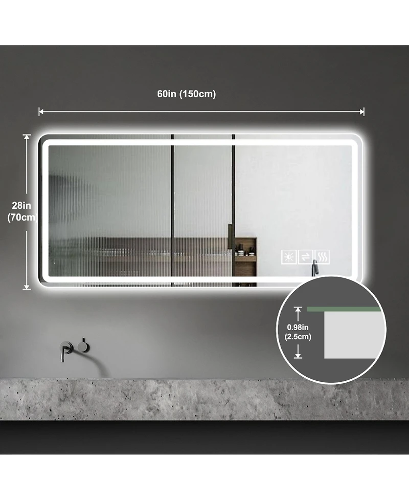 Rainsken 2860 Inch Led Bathroom Mirror, Wall Mounted Anti-Fog Vanity Mirror with Shatter-Proof Tempered Glass for Makeup and Shaving