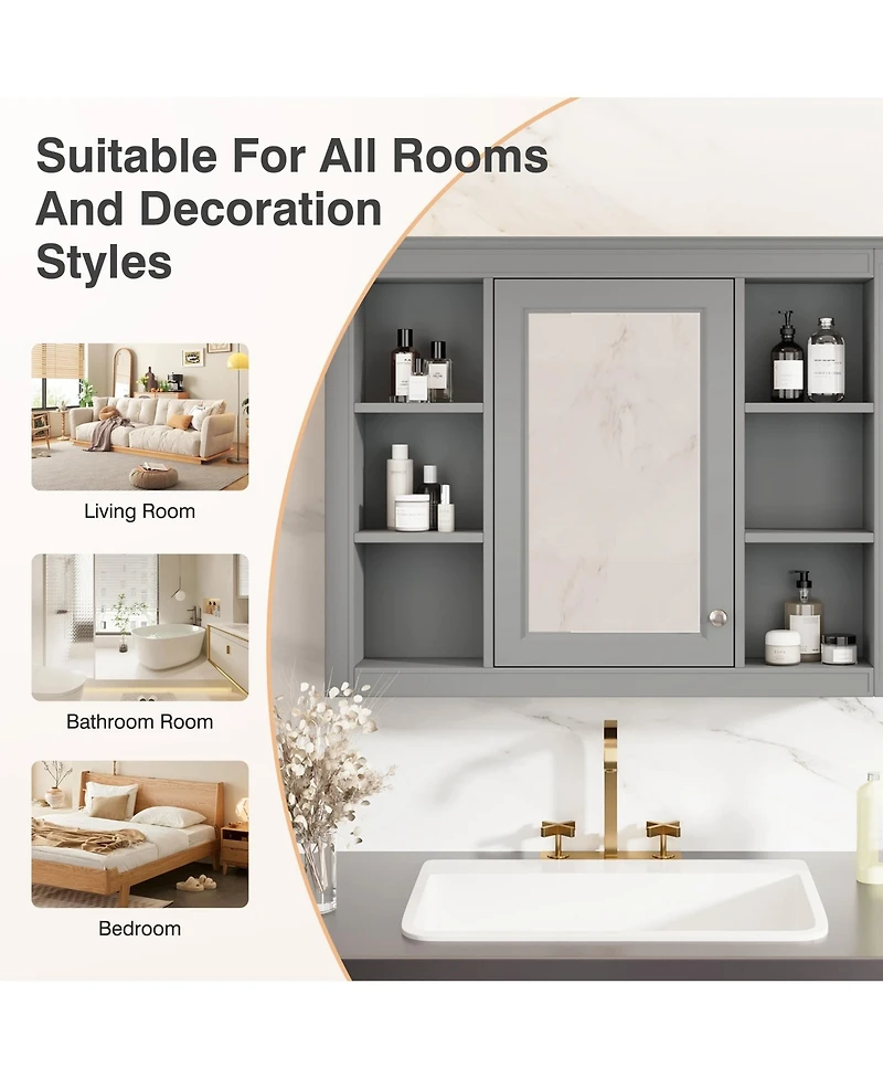 Rainsken 35" x 27.5" Wall Mounted Bathroom Storage Cabinet with Adjustable Shelves and Mirror