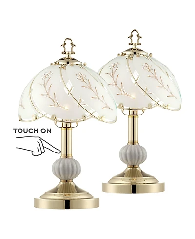 Regency Hill Traditional Accent Table Lamp 15" High Set of 2 Polished Brass Etched Glass Shade Touch On Off Bedroom House Bedside