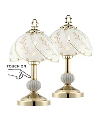 Regency Hill Traditional Accent Table Lamp 15" High Set of 2 Polished Brass Etched Glass Shade Touch On Off Bedroom House Bedside
