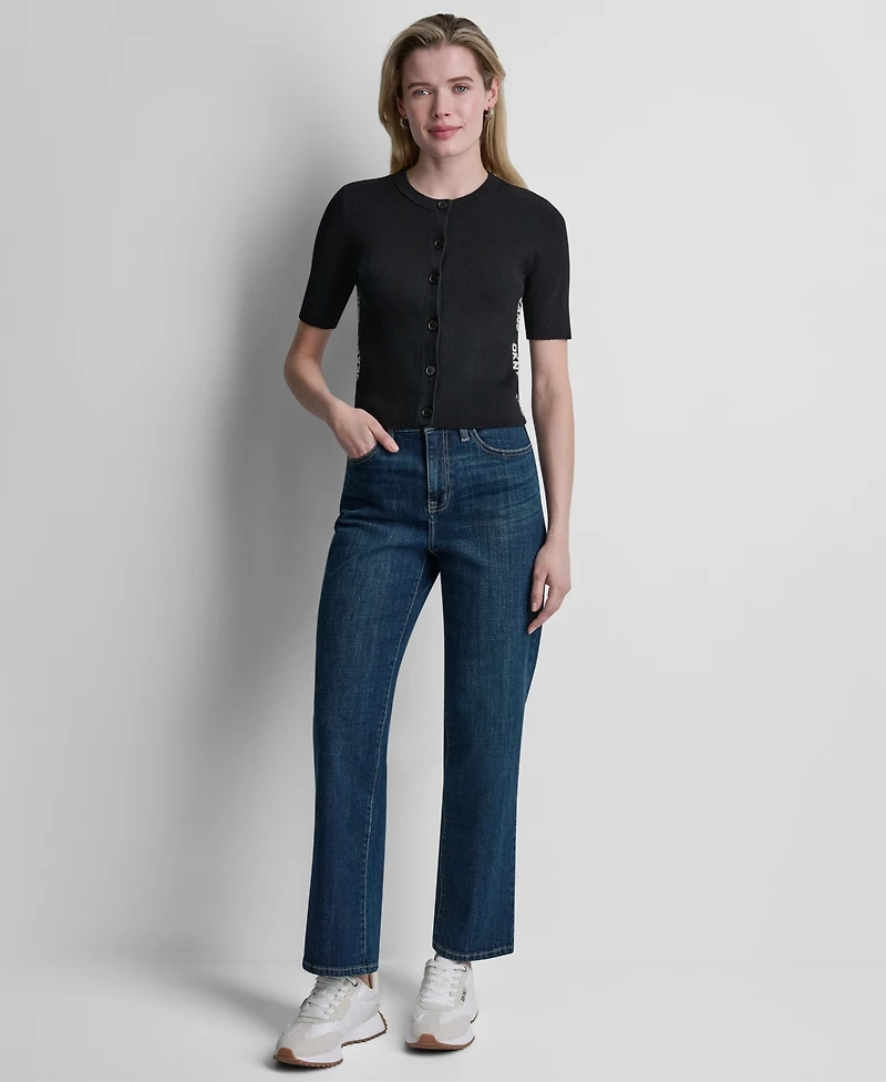 Dkny Jeans Women's Side Logo Button Front Elbow Sleeve Crewneck Sweater