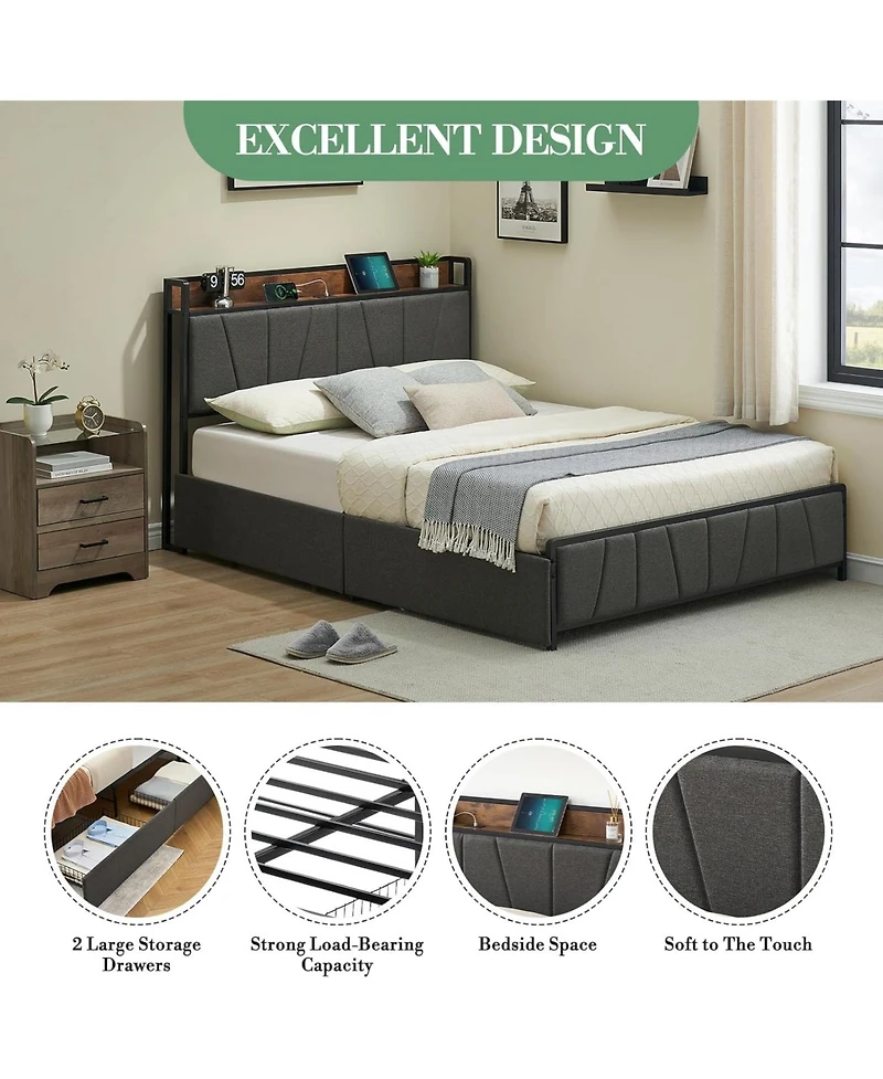 gaomon Queen Upholstered Bed with Storage Headboard, 2 Drawers