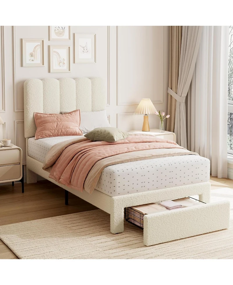 gaomon Twin Boucle Platform Bed with Storage Drawer