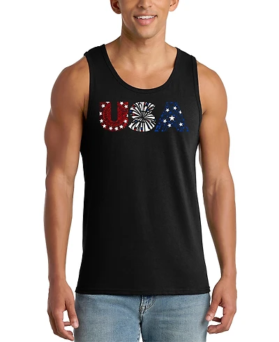 La Pop Art Men's Usa Fireworks Patriotic Typography Graphic Tank Top