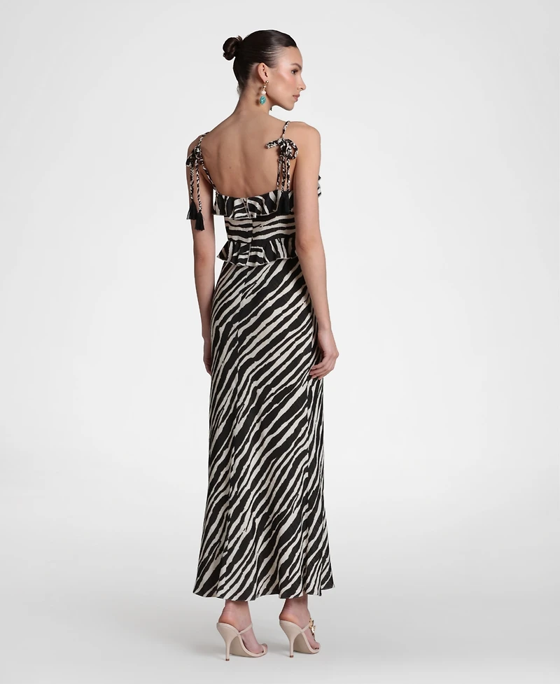 Avec Les Filles Women's Viscose-Blend Braided Tie Ruffle Maxi Dress