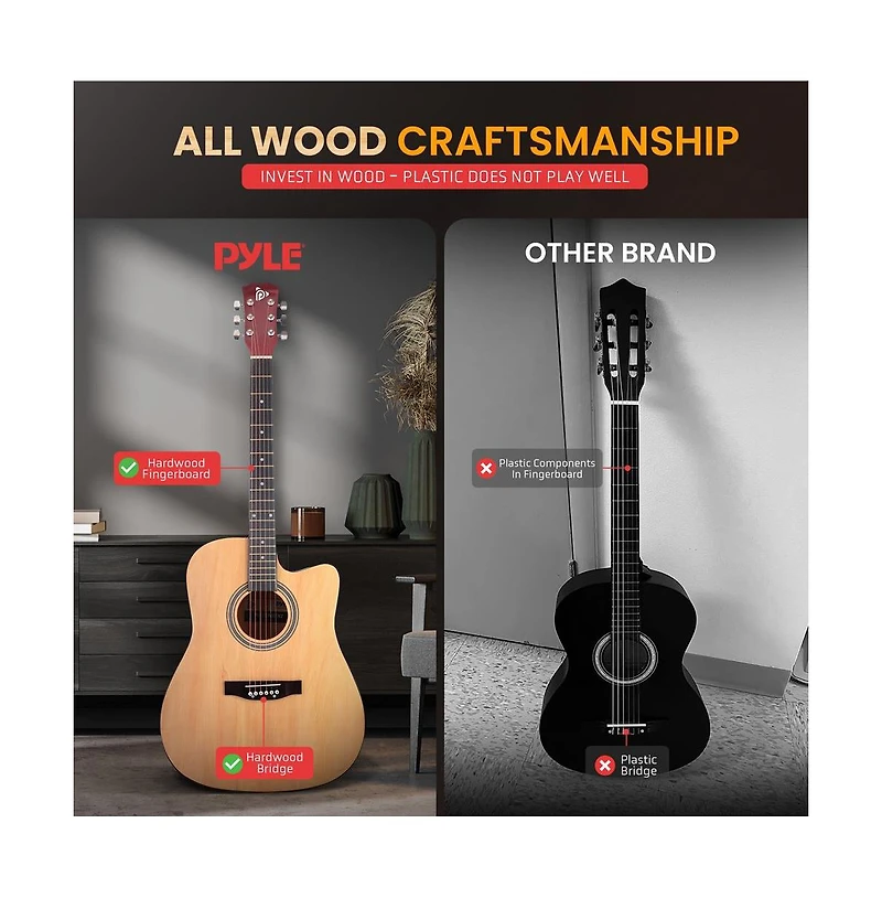 Pyle 41" Full-Size Acoustic Guitar Kit, Cutaway Body with Digital Tuner and Accessory Kit