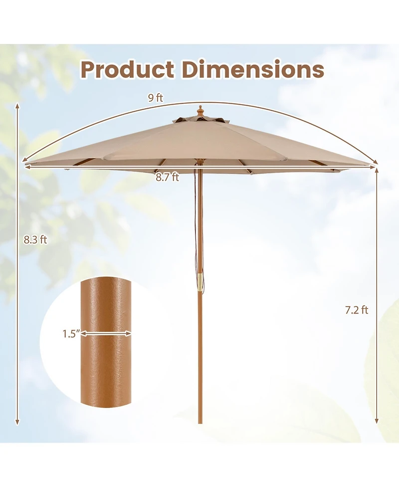 Gymax 9FT Patio Umbrella w/Adjustable Height Rope Pulley Lift Vented Top 8 Sturdy Ribs