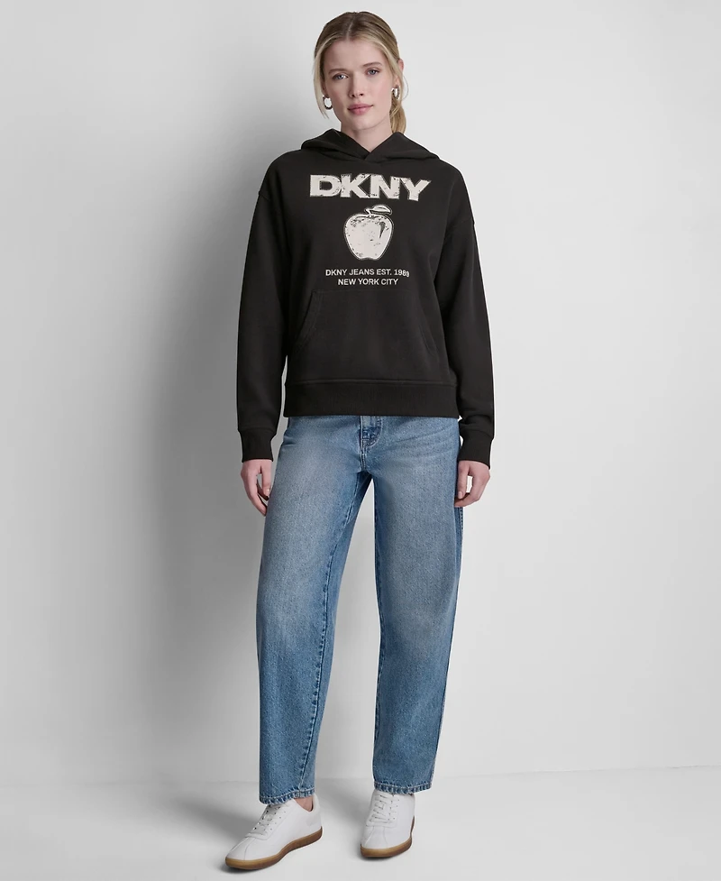 Dkny Jeans Women's Long-Sleeve Big Apple Rhinestone Flocking Logo Hooded Sweatshirt
