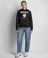 Dkny Jeans Women's Long-Sleeve Big Apple Rhinestone Flocking Logo Hooded Sweatshirt