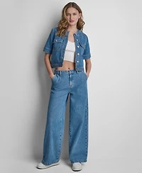 Dkny Jeans Women's Cropped Patch Pocket Short-Sleeve Boucle Denim Shirt Jacket