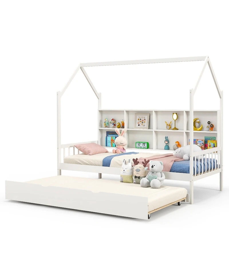 Gymax Twin House Daybed with Trundle Wooden Bed 8 Storage Shelf Compartments