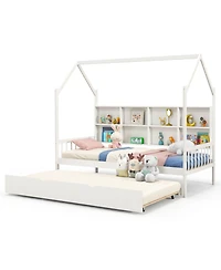 Gymax Twin House Daybed with Trundle Wooden Bed 8 Storage Shelf Compartments