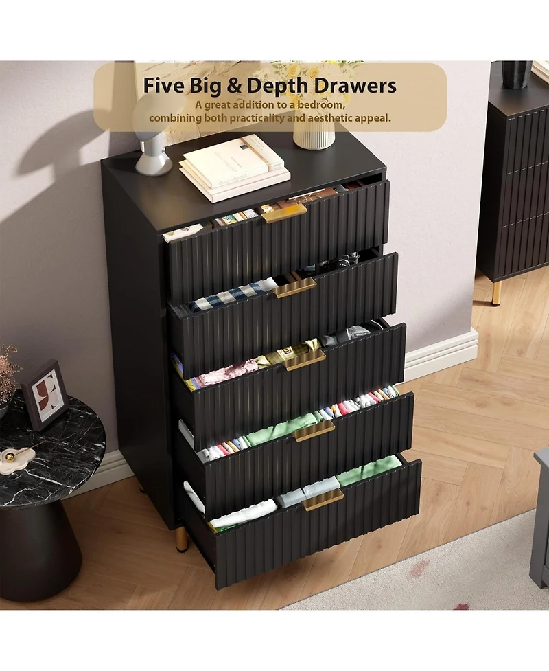 homfan Modern Fluted 5 Drawer Dresser - 48" Tall Wooden Chest with Deep Storage, Wide Top, Organizer for Bedroom, Living Room, Hallway, Kids Room