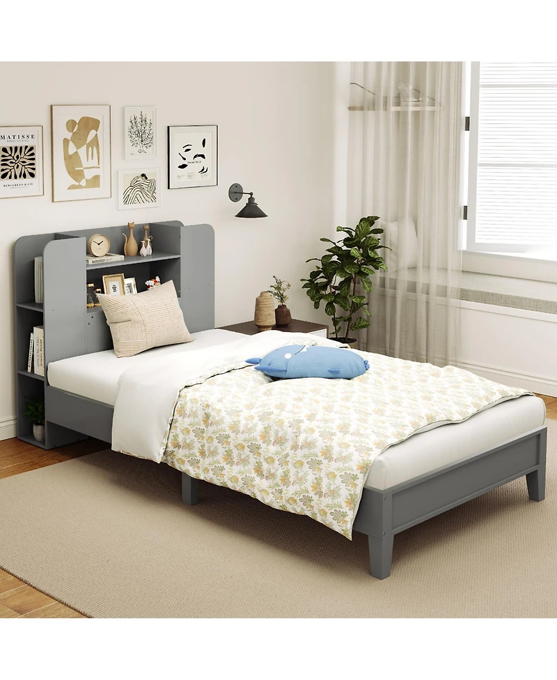 Gymax Twin Size Bed Frame Wooden Platform Bed Kids Bed Frame w/ Bookcase Headboard