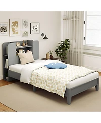 Gymax Twin Size Bed Frame Wooden Platform Bed Kids Bed Frame w/ Bookcase Headboard
