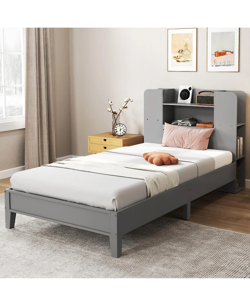 Gymax Twin Size Bed Frame Wooden Platform Bed Kids Bed Frame w/ Bookcase Headboard