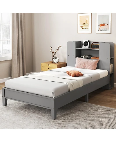 Gymax Twin Size Bed Frame Wooden Platform Bed Kids Bed Frame w/ Bookcase Headboard