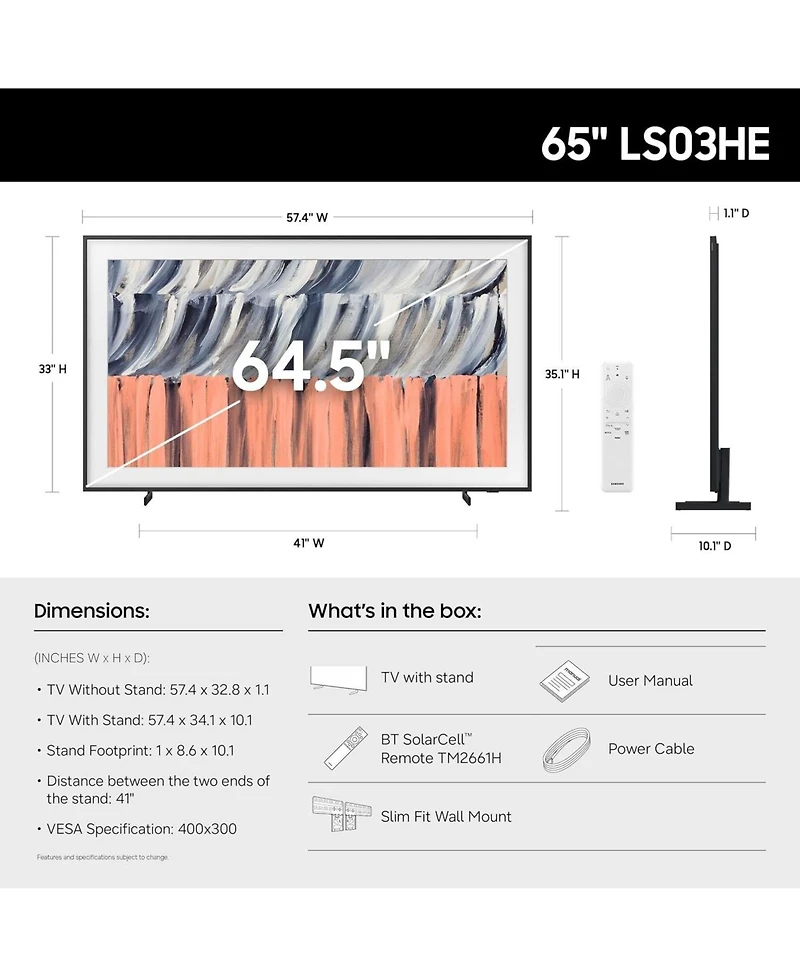 Samsung QN65LS03HEFXZA 65" The Frame Qled 4K Smart Tizen Tv with Vision Ai (2026)