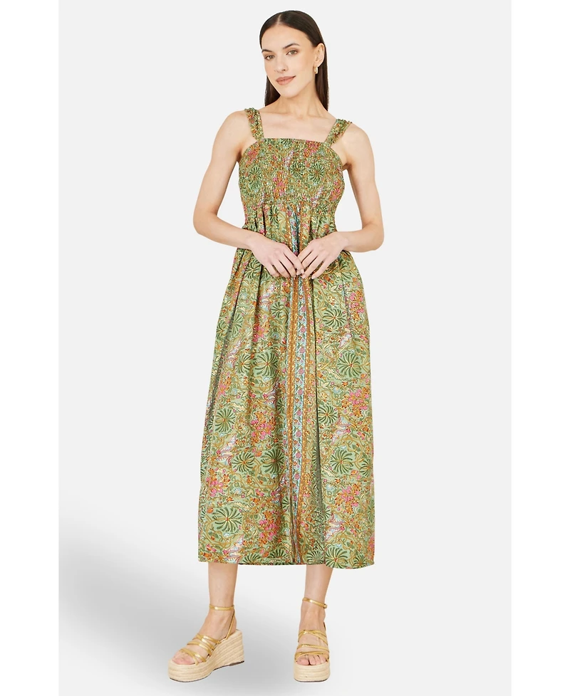Yumi Women's Foil Palm Print Ruched Midi Dress