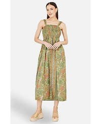 Yumi Women's Foil Palm Print Ruched Midi Dress
