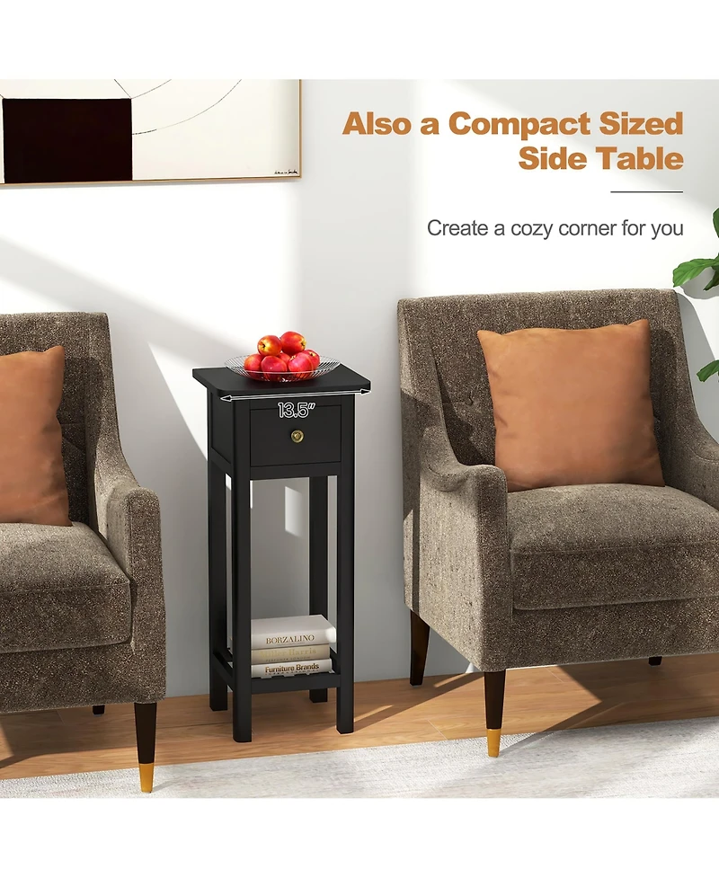 Gymax Solid Wood Side Table Rectangular 2PCS Sofa Side Table w/ Acacia Wood Top Telephone Table