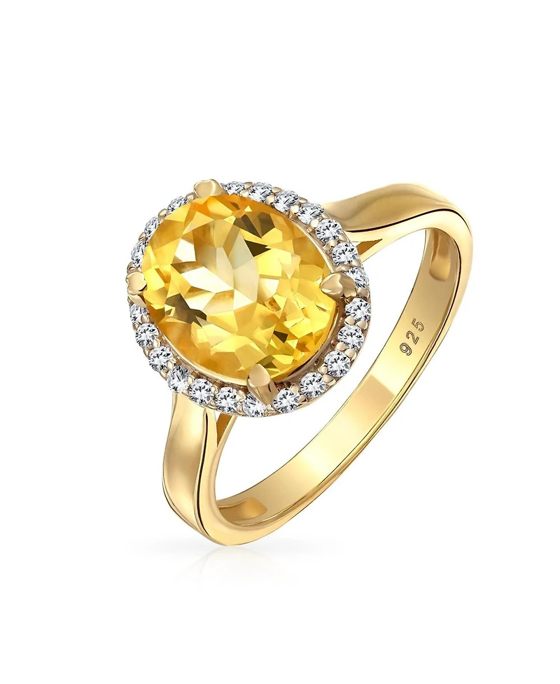 Bling Jewelry Classic Oval Gemstone Halo Statement Ring 3CT Cz Citrine, Zircon14K Gold Plated .925 Sterling Silver