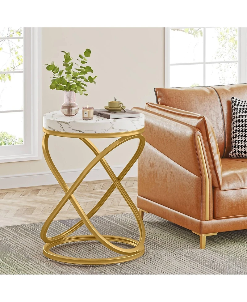 Slickblue Tall Round End Table with Faux Marble Top for Living Room