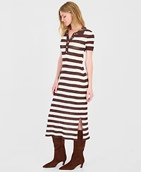 T Tahari Women's Striped Short-Sleeve Polo Midi Dress
