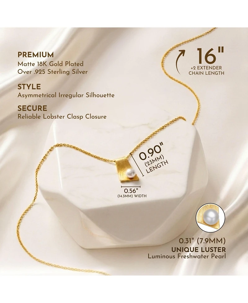 Sterling Silver 14k Gold Plated with Genuine Freshwater Pearl Rectangle Pendant Necklace