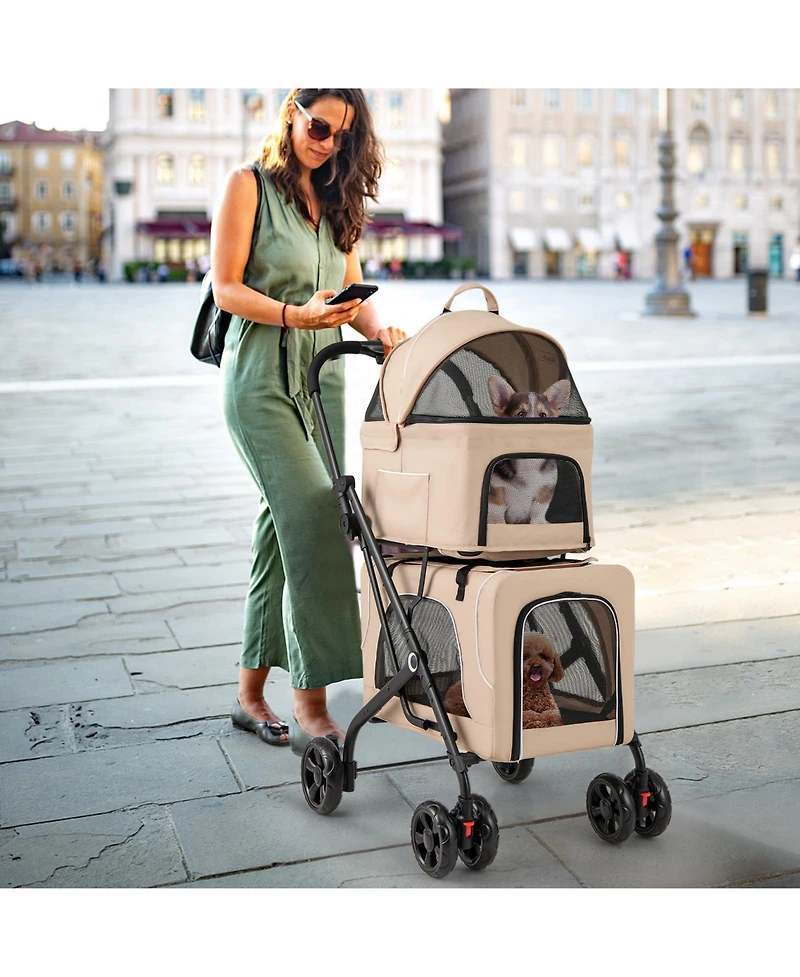 Cozito Double Pet Stroller Foldable 3-in-1 with 2 Detachable Carriers, Beige