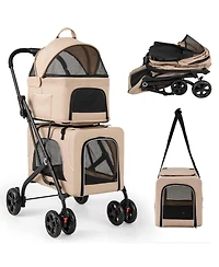 Cozito Double Pet Stroller Foldable 3-in-1 with 2 Detachable Carriers, Beige