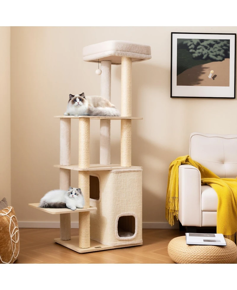 Gymax 63'' Tall Wooden Cat Tree w/2-Story Condo Plush Padded Top Perch Dangling Ball