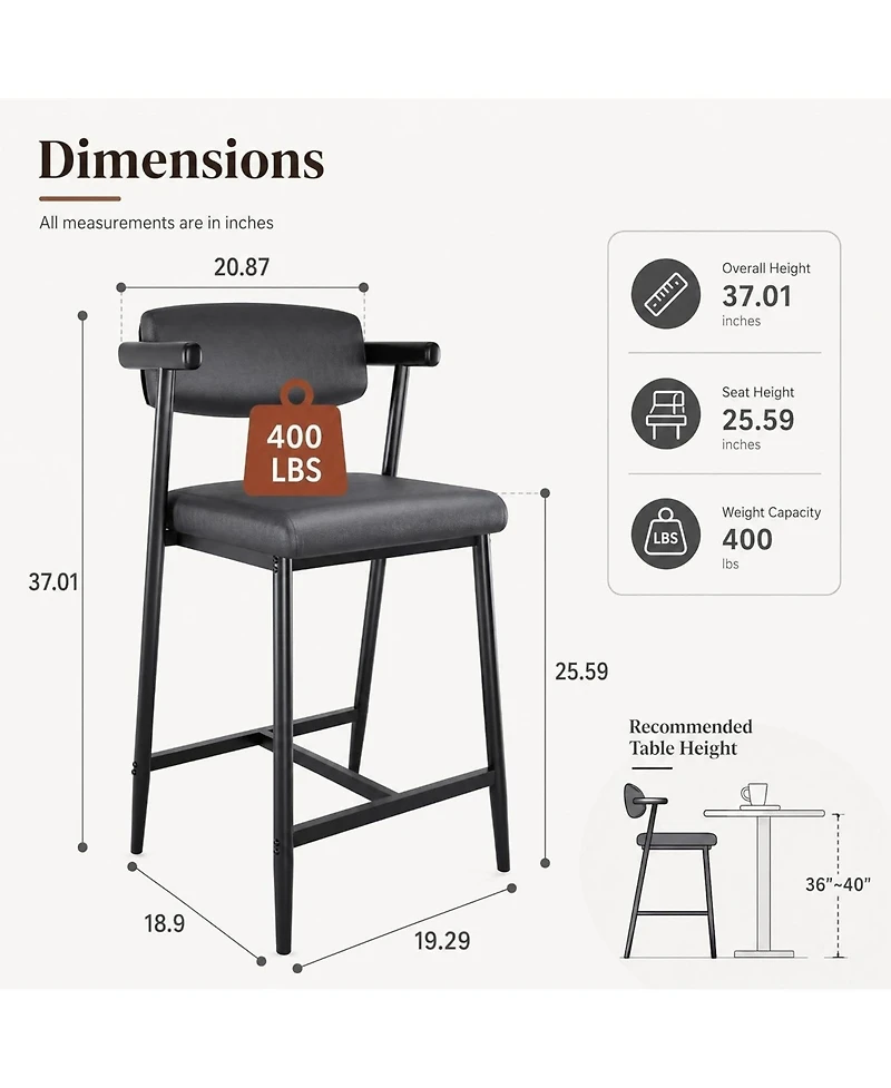 gaomon Set of 8 Rustic Black Bar Stools, 26" Counter Height with Soft Back, Arms and Footrest, Heavy Duty Metal Frame