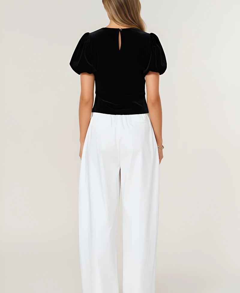 Modenaire Women's Velvet Puff Sleeve Keyhole Rhinestone Bow Top
