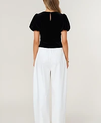 Modenaire Women's Velvet Puff Sleeve Keyhole Rhinestone Bow Top