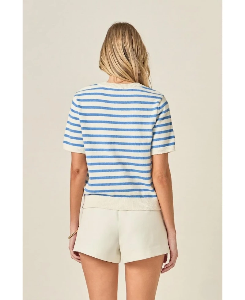 English Factory Women's Striped Lemon Short Sleeve Sweater