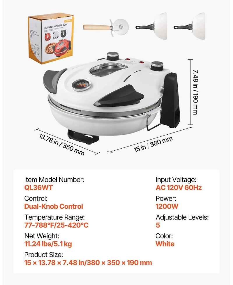 Mecale Electric Pizza Oven, 12", 1200W, Cordierite Stone, 5 Heat Modes, Viewing Window, Up to 788degree(s)F