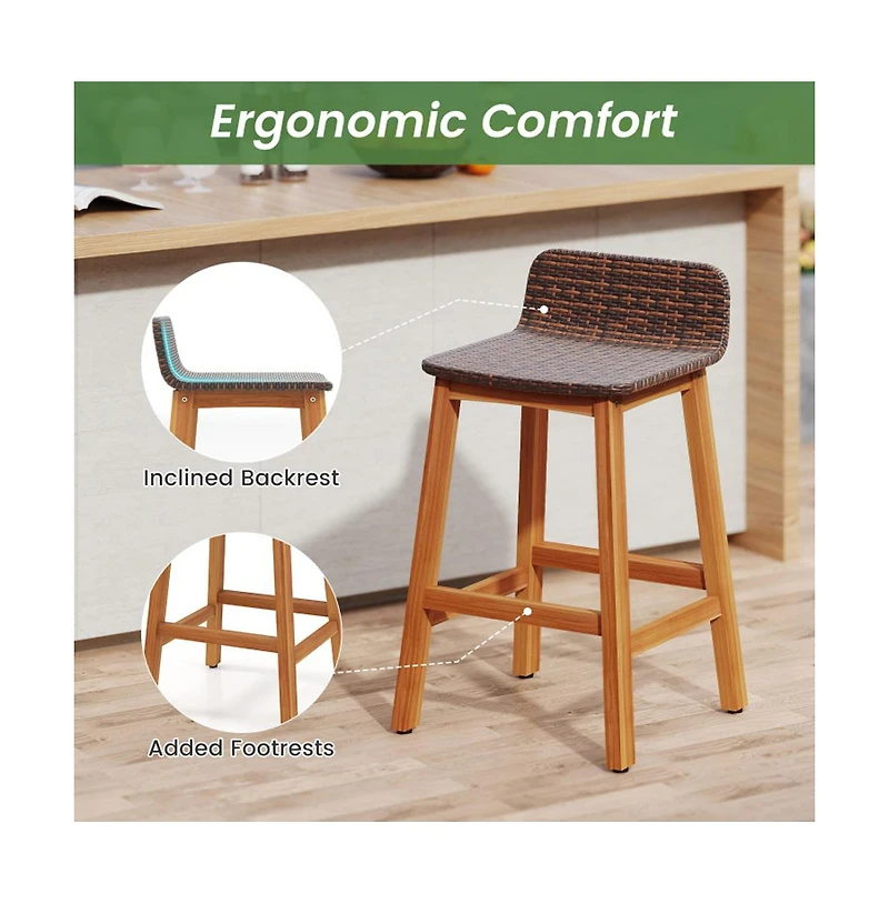 Boyel Living Solid Acacia Wood Bar Stools Set of 2 with Backrests and Footrests for Porch