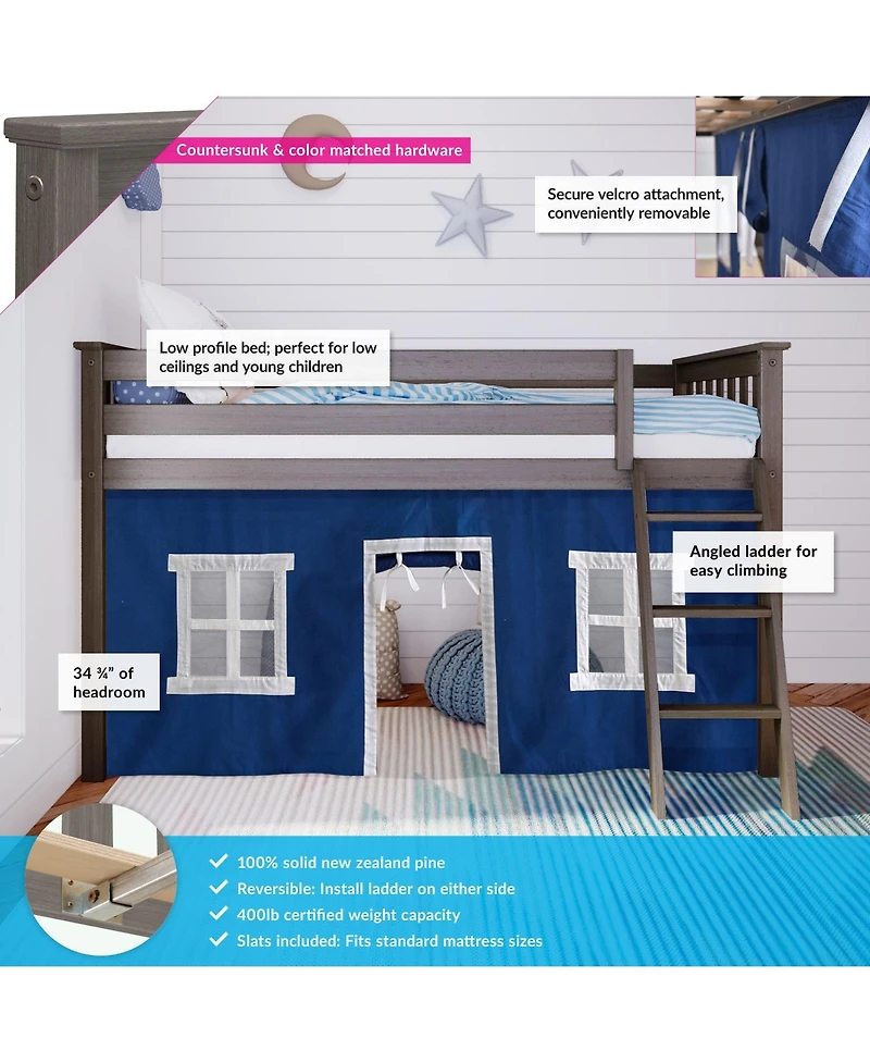 Max & Lily Loft Bed, Low Solid Wood Twin Bunk Beds for Kids with Ladder and Curtain