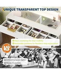 gaomon 48" Modern Vanity Desk with Glass Top, Led Mirror, 5 Drawers, 3 Shelves & Charging Station