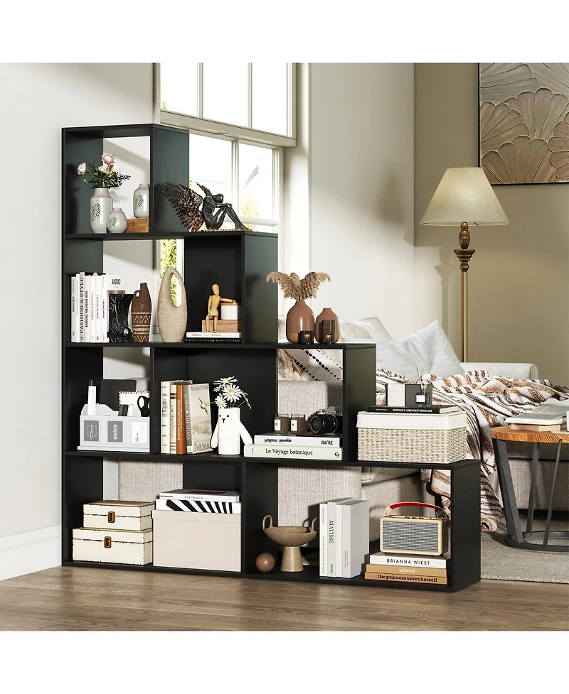 Gymax 2 Piece 4 Tier Bookshelf with 6 Storage Cubes 64 Inch Tall Modern Geometric Stair Bookcase