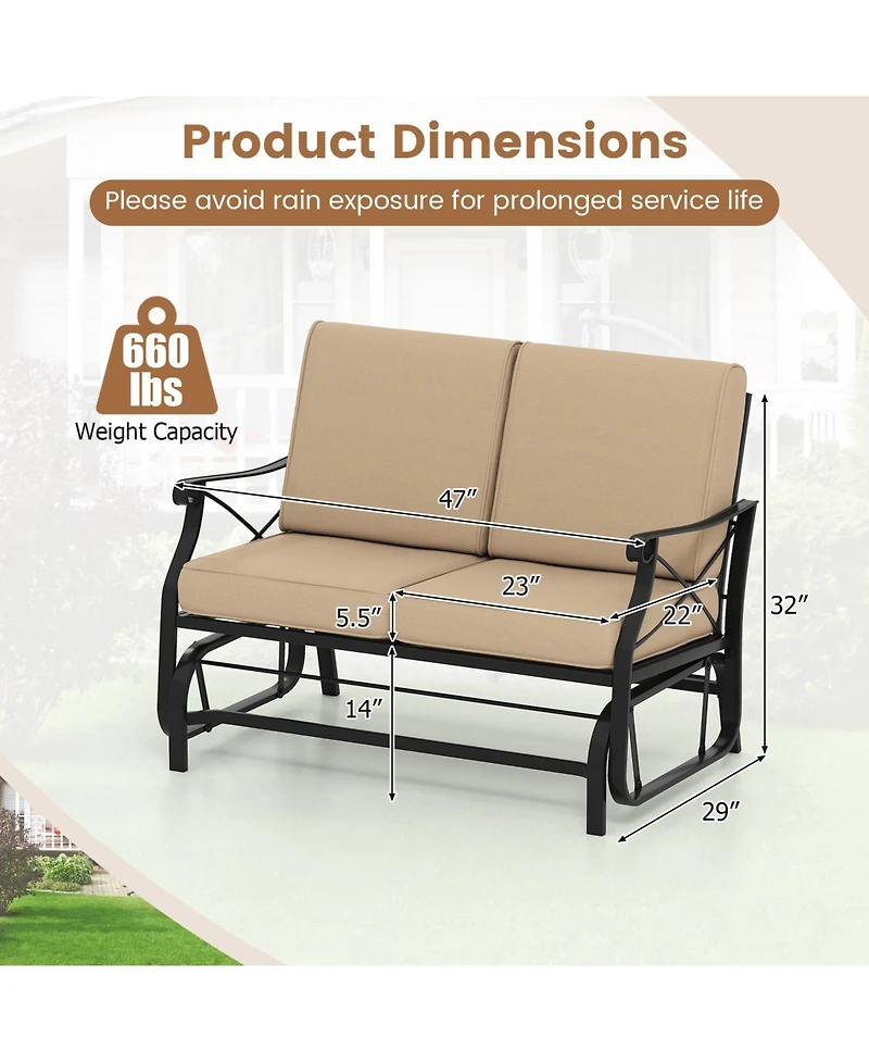 Gymax Outdoor 2-Person Glider Rocking Chair Loveseat with Thick Cushions and Metal Frame