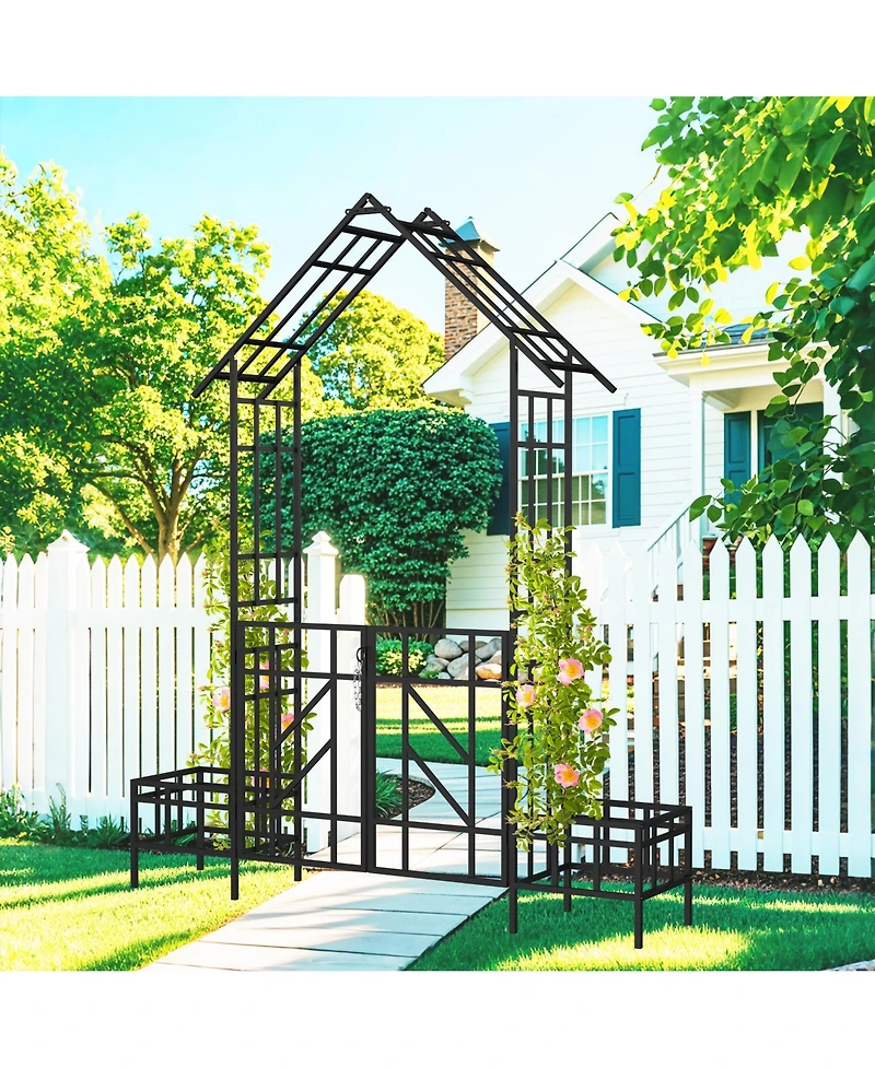 Clihome Metal Garden Arch with Gate with planter W80.71H97.24 Climbing Plants Support Rose Arch Outdoor
