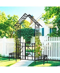 Clihome Metal Garden Arch with Gate with planter W80.71H97.24 Climbing Plants Support Rose Arch Outdoor