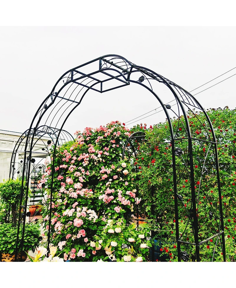 Clihome Metal Garden Arch with Gate 79.5" Wide x 86.6" High Climbing Plants Support Rose Arch Outdoor