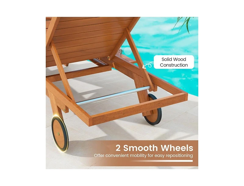 Clihome Outdoor Chaise Lounge Chair with Wheels 4-Position Patio Wood Recliner with Adjustable Backrest